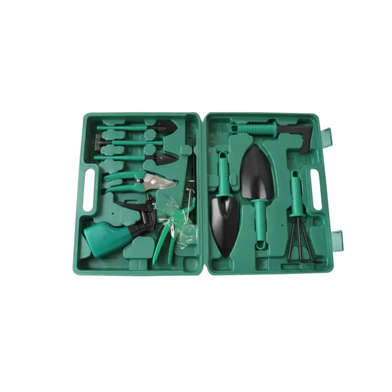 Kit de jardinería con 10 piezas: palas, tijeras, rastrillo, regadera en estuche verde.