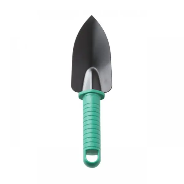 Pala de jardinería con mango ergonómico verde para trasplantar y excavar plantas.