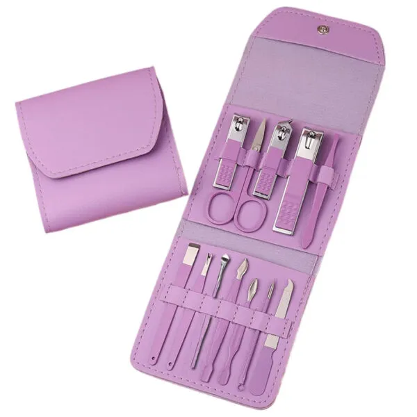 Kit de manicura y pedicura portátil x12 piezas en estuche violeta para viajes.