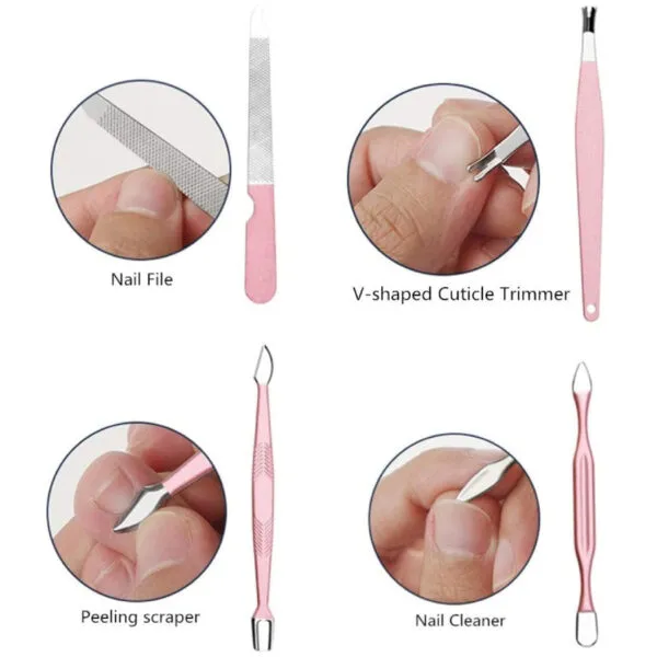 Kit manicure pedicure: lima, removedor cutícula, raspador y limpiador de uñas.