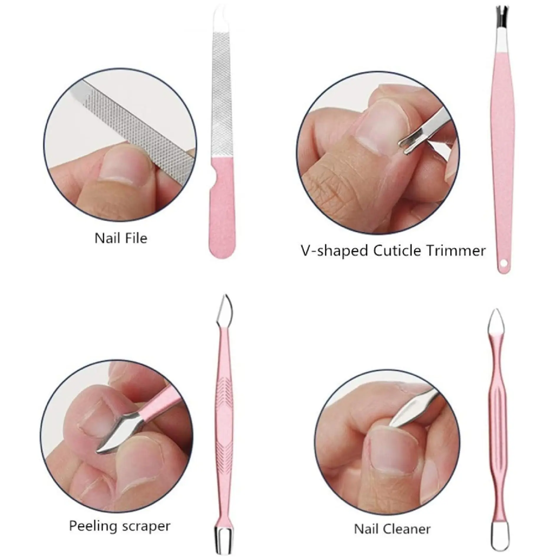 Kit manicure pedicure: lima, removedor cutícula, raspador y limpiador de uñas.