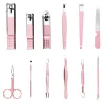 Kit de manicure y pedicure portátil X12 piezas, cortauñas viajero, herramientas de cuidado personal en tono rosa.