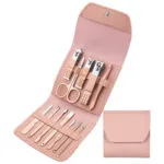 Kit de manicure y pedicure de 12 piezas en estuche rosado. Portátil para viajes.