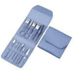 Kit manicura y pedicura de 12 piezas portátil viajero en estuche azul.