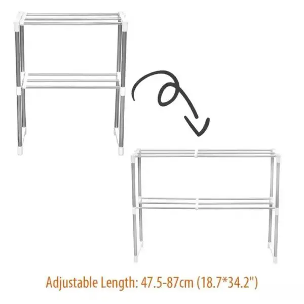Estante organizador de cocina para microondas multifuncional con dos niveles, ajustable en longitud.