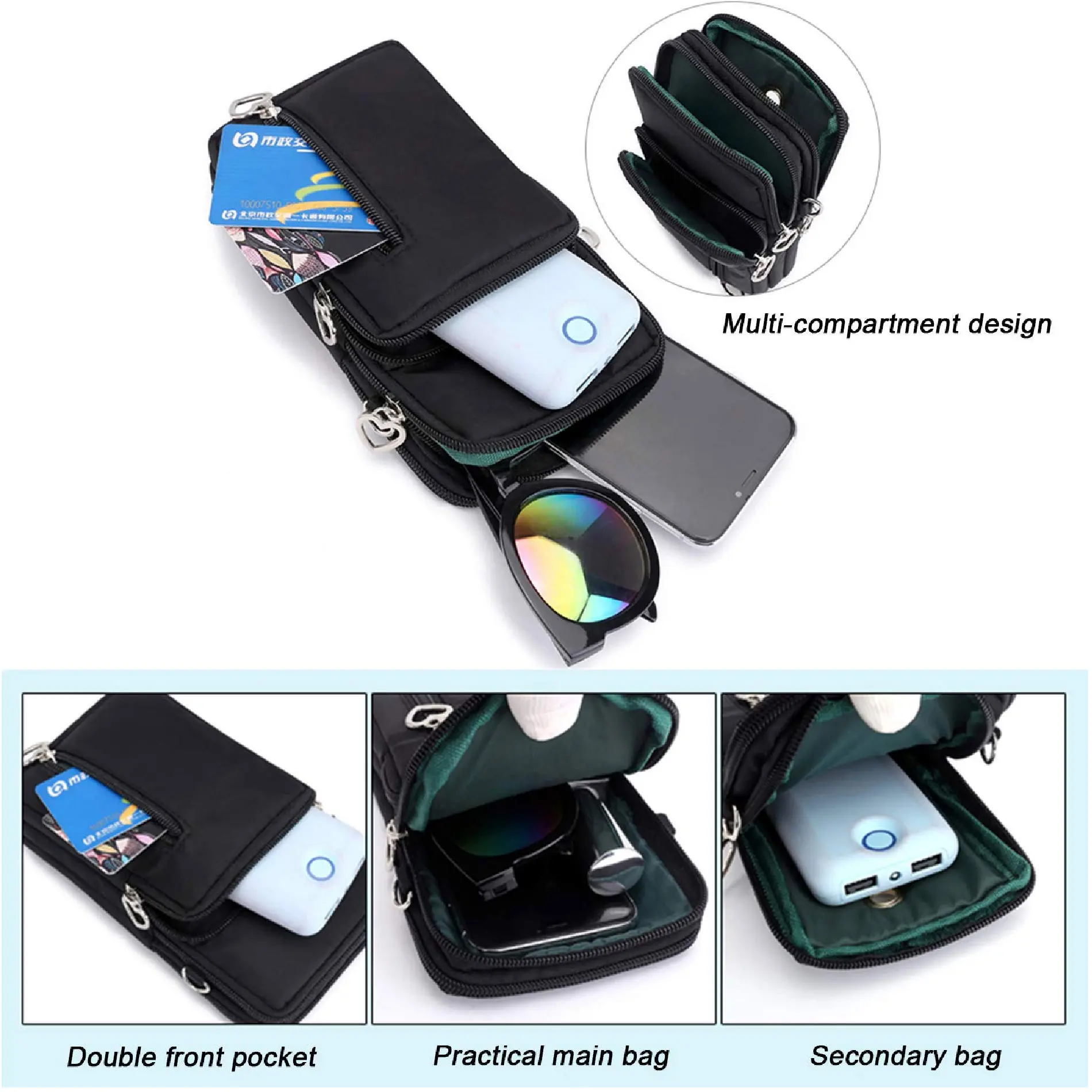 Mini bolso para mujer, billetera, porta celular manos libres con múltiples compartimentos.