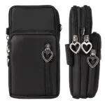 Mini bolso billetera negro para celular, con tres compartimentos y adornos en forma de corazón.