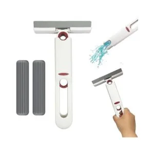 Mini trapeador de escritorio blanco con dos repuestos grises y dispensador de agua.