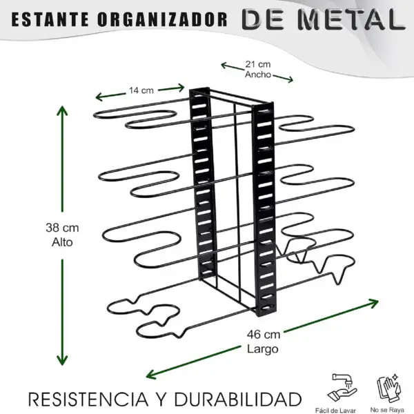 Organizador de ollas y sartenes de 8 niveles en metal, ajustable, resistente y duradero.