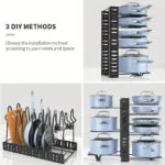 Organizador ajustable de 8 niveles para ollas y sartenes, ideal para optimizar espacios en cocina.