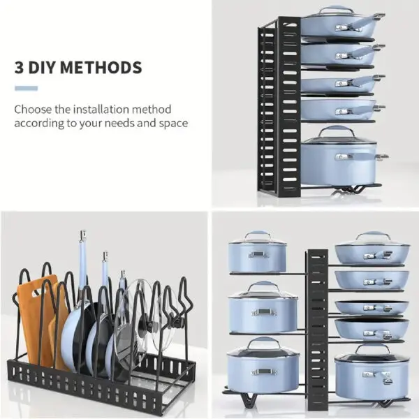 Organizador ajustable de 8 niveles para ollas y sartenes, ideal para optimizar espacios en cocina.