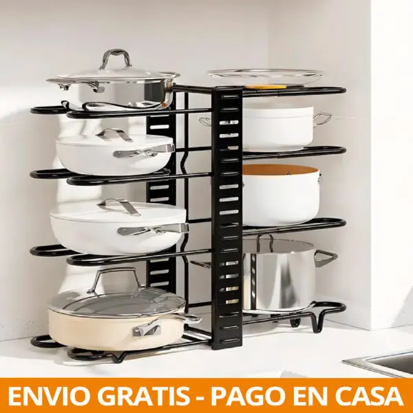 Organizador de ollas y sartenes de 8 niveles: 3 modos ajustables. Solución de almacenamiento para cocina.