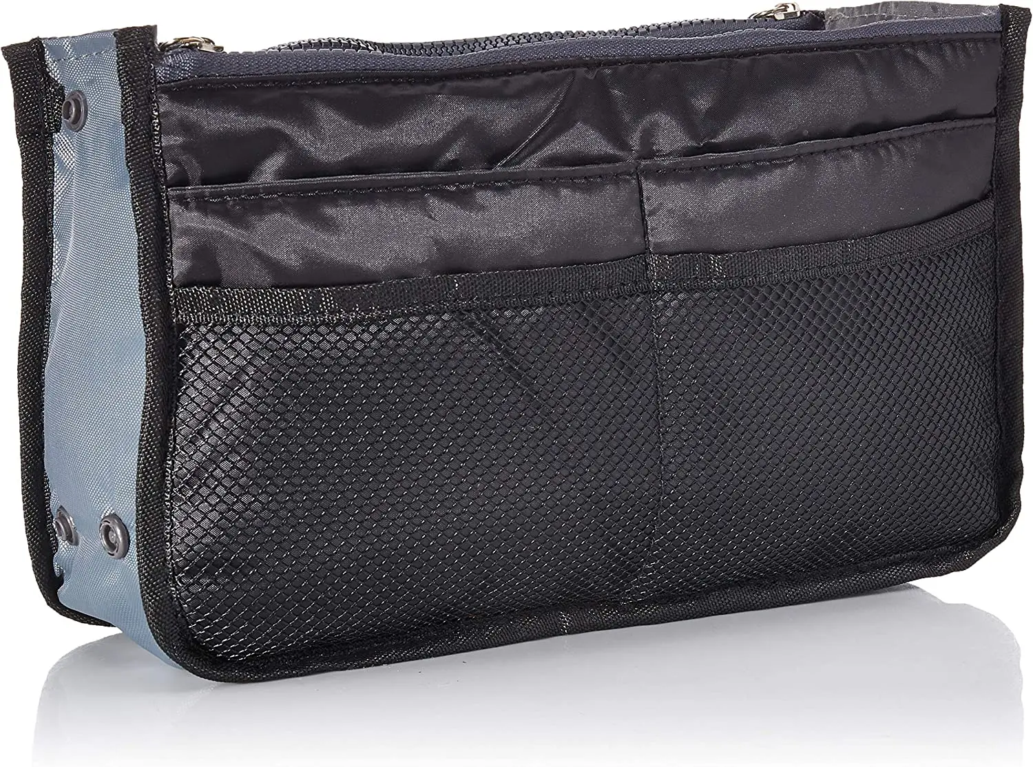 Organizador expandible para bolso de dama, ideal para viajes y maletas, con múltiples compartimentos.