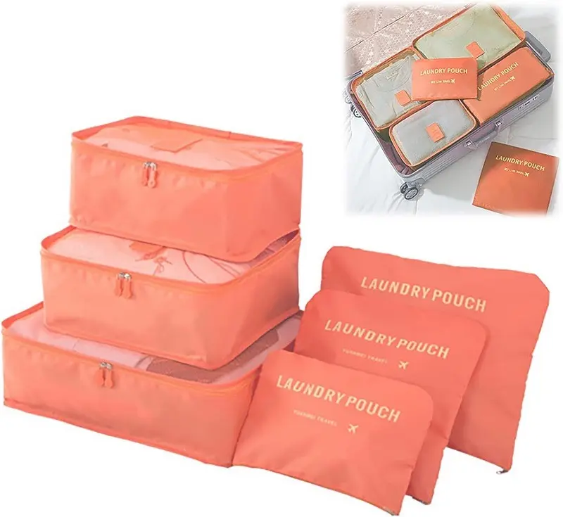 Organizador de maleta para viaje x6, bolsos de tela naranja para organizar ropa y accesorios.
