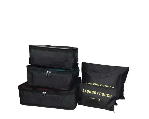 Bolsas organizadoras de equipaje para viaje, juego de 6, color negro, con cremalleras y logo.