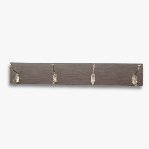 Perchero flotante madera gris con 4 ganchos dobles plateados resistentes.