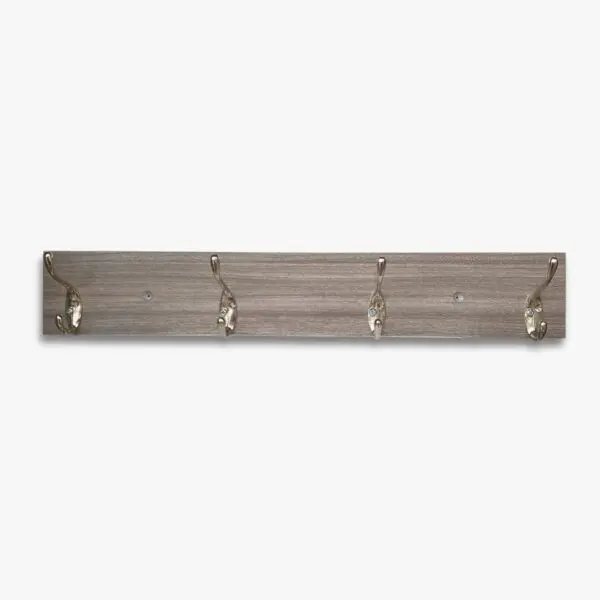 Perchero flotante gris con 4 ganchos dobles plateados decorativos.