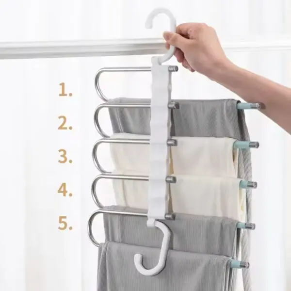 Perchero giratorio para 5 pantalones, ahorra espacio, ideal para closet.