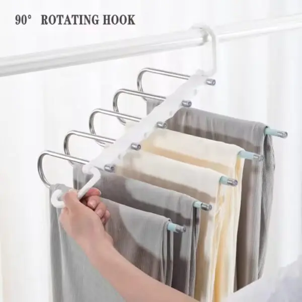 Perchero 5 ganchos giratorio para pantalones, con diseño 90° que optimiza espacio.