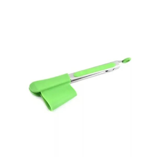 Pinzas y espátulas verdes de silicona para cocina con mango de acero inoxidable.