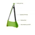 Pinza espátula de acero inoxidable con mangos ergonómicos y resistencia al calor hasta 400°F.