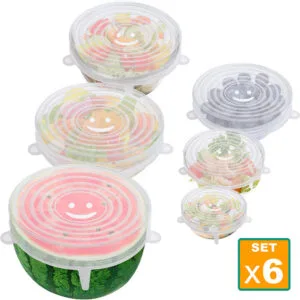 Set de 6 tapas elásticas de silicona para alimentos, con diseños de caritas sonrientes y motivo de sandía.