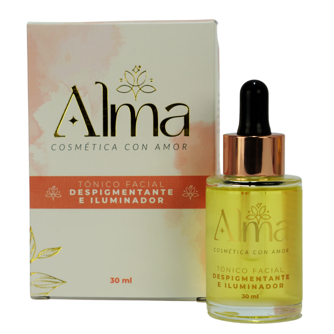 Tónico facial Alma despigmentante e iluminador, 30ml, en envase de vidrio con gotero.