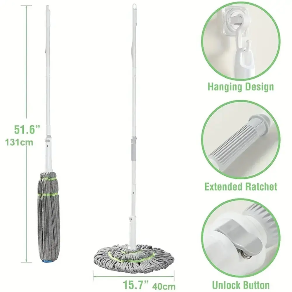 Trapeador autoescurridor blanco con mango extensible y diseño para colgar.