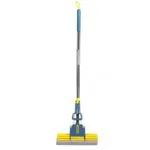 Trapeador esponja absorbente con mango extensible azul y amarillo para limpieza del hogar.