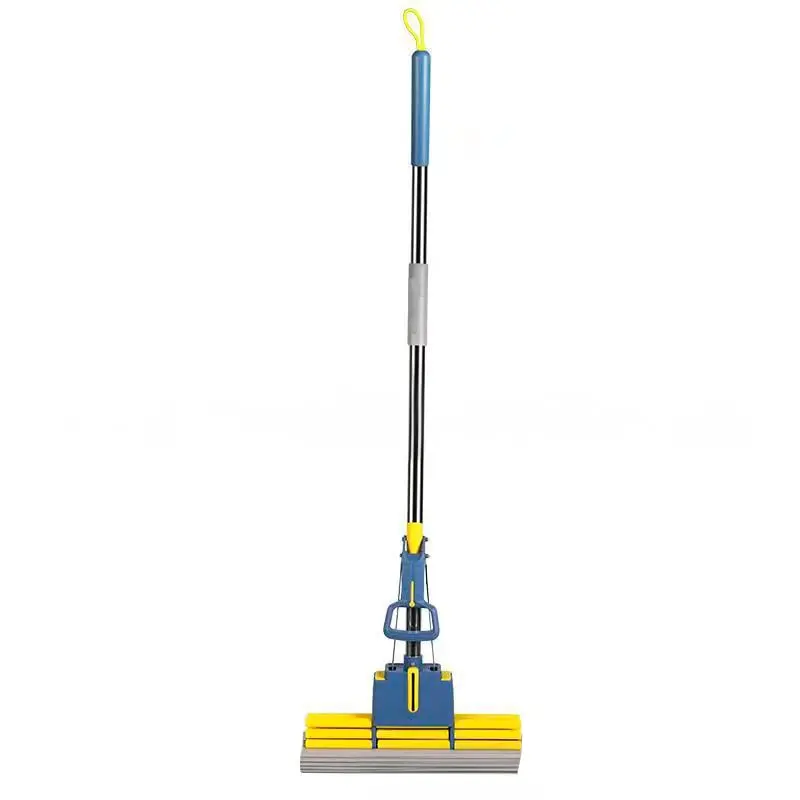 Trapeador esponja absorbente con mango extensible azul y amarillo para limpieza del hogar.