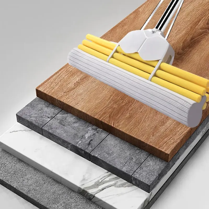 Trapeador de esponja absorbente amarillo sobre pisos de madera, piedra y mármol.