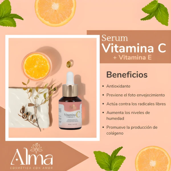 Serum Vitamina C y E Alma: antioxidante, previene envejecimiento, hidrata y promueve colágeno.