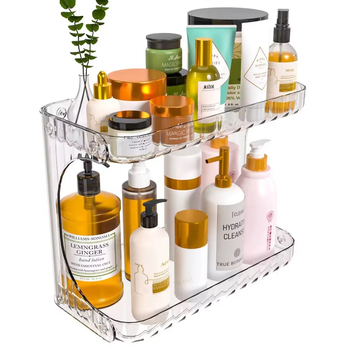 Estante organizador de cosméticos transparente de 2 niveles con varios productos de belleza y cuidado personal.