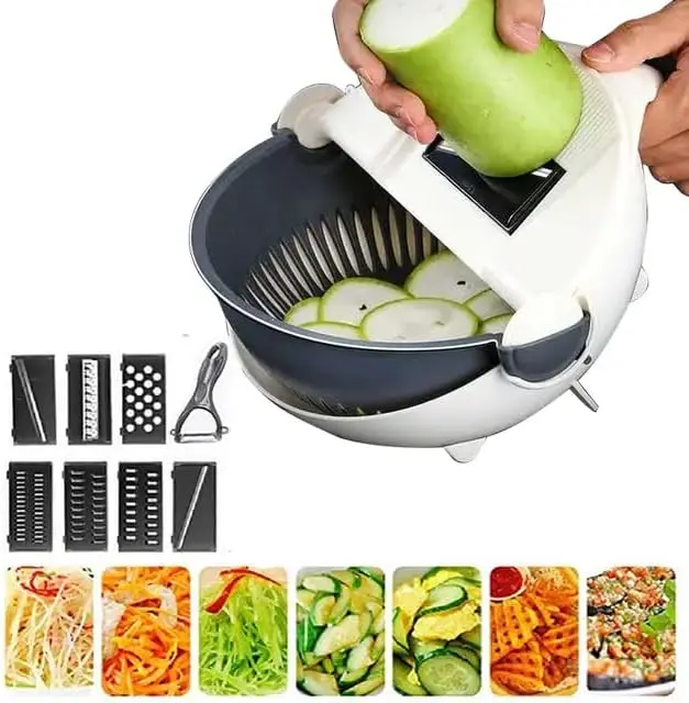 Rallador picador 9 en 1 multifuncional con cortador y escurridor de verduras en uso