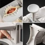 Máquina para hacer empanadas y dumplings, detalle de masa y relleno, mango y palanca.