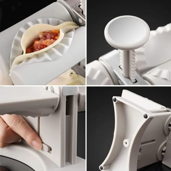 Máquina para hacer empanadas y dumplings, detalle de masa y relleno, mango y palanca.