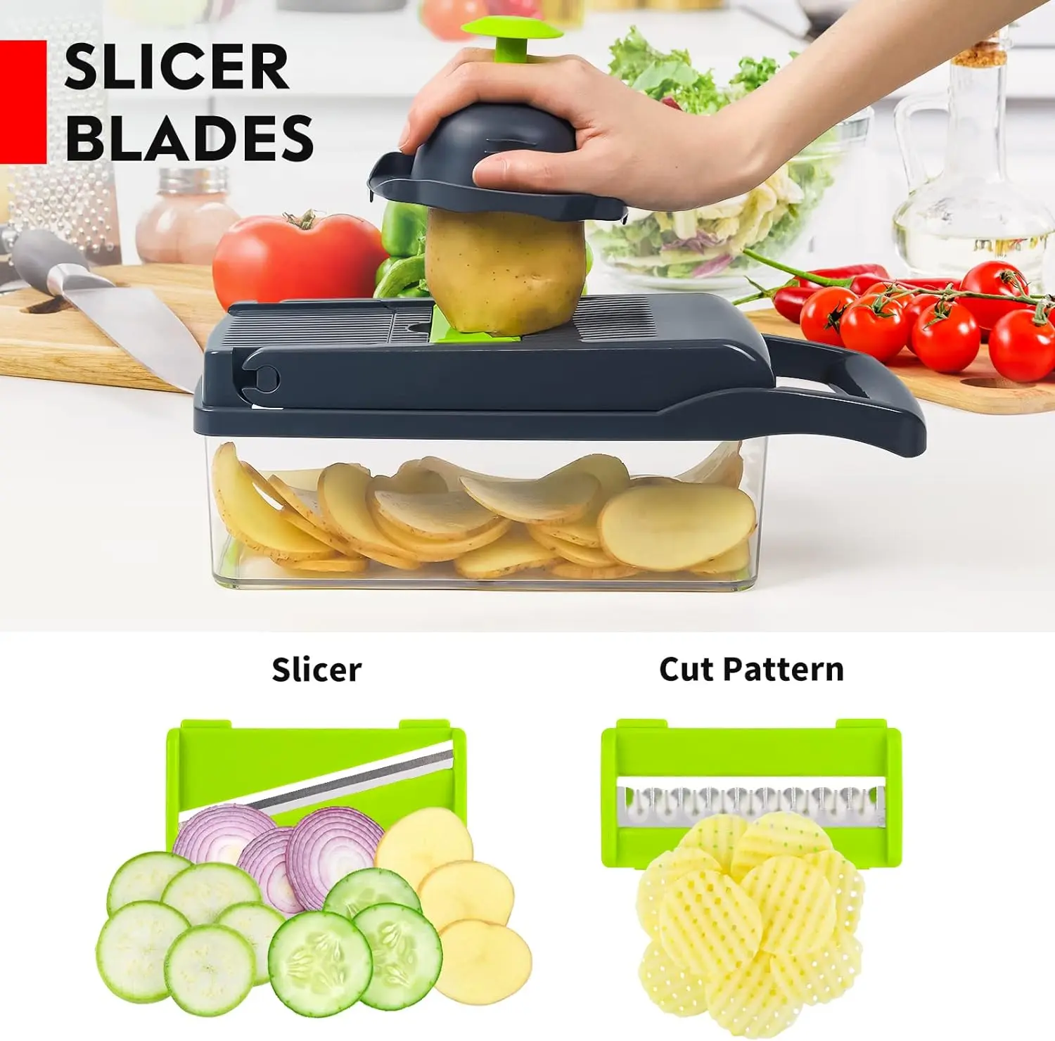 Picador de verduras 14 en 1 cortando papas en rodajas y otros vegetales.