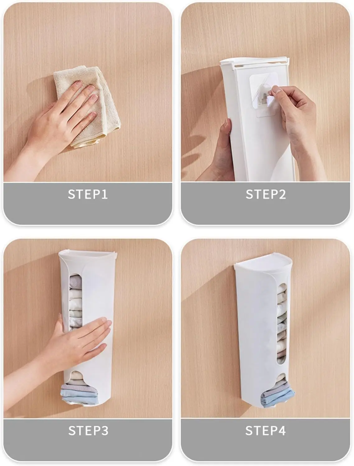 Estante vertical para guardar ropa interior colgado en la pared.