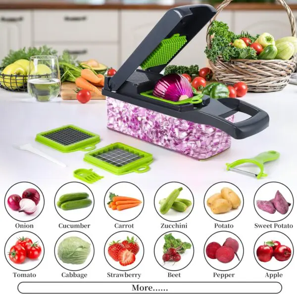 Picador de verduras 14 en 1: cebolla, pepino, zanahoria, tomate, repollo, fresa, calabacín, papa, boniato, remolacha, piment…