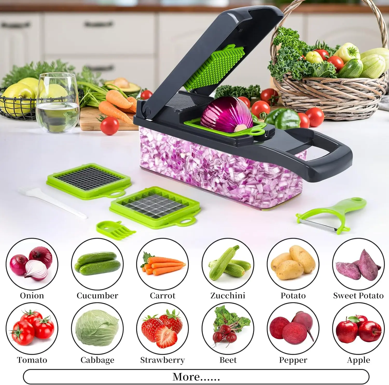 Picador de verduras 14 en 1: cebolla, pepino, zanahoria, tomate, repollo, fresa, calabacín, papa, boniato, remolacha, piment…