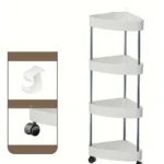 Carrito organizador esquinero de 4 niveles blanco con ruedas, ideal para baño o cocina.