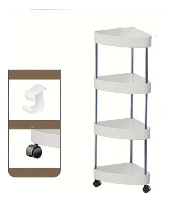 Carrito organizador esquinero de 4 niveles blanco con ruedas, ideal para baño o cocina.