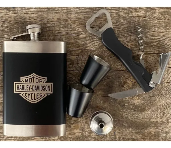 Licorera Wiskera 9 Oz Inox. 2 Copas + Navaja Harley Davidson - Imagen 5