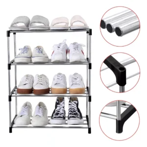 Zapatero metálico de 4 niveles con zapatillas y sandalias, ideal para organizar calzado.