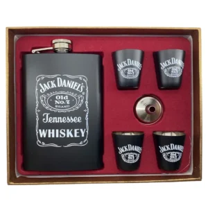 Licorera Jack Daniels de acero inoxidable 9 oz con 4 copas y embudo.