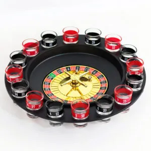 Ruleta de tragos con 16 copas numeradas para juegos de licor, ideal para fiestas y diversión.