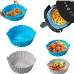 Set x3 canastilla silicona para air fryer con alimentos: pollo frito, papas y más. Reutilizable.