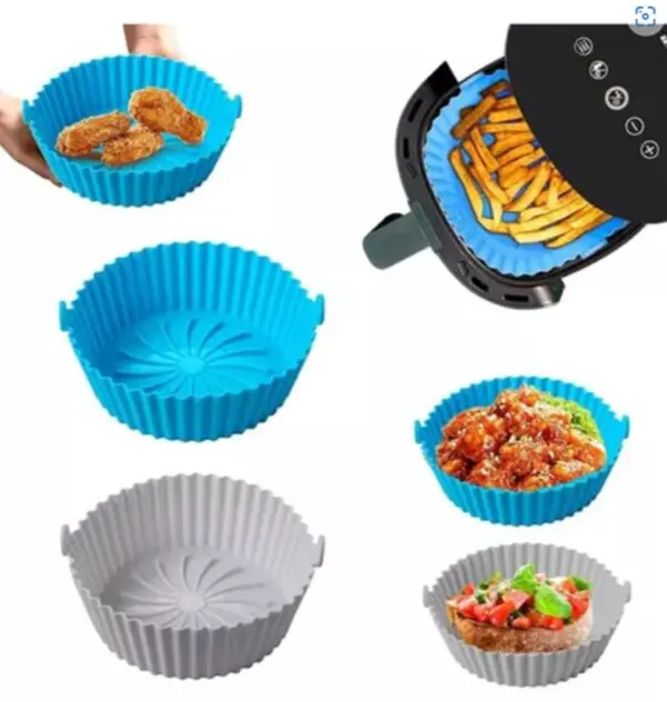 Set x3 canastilla silicona para air fryer con alimentos: pollo frito, papas y más. Reutilizable.