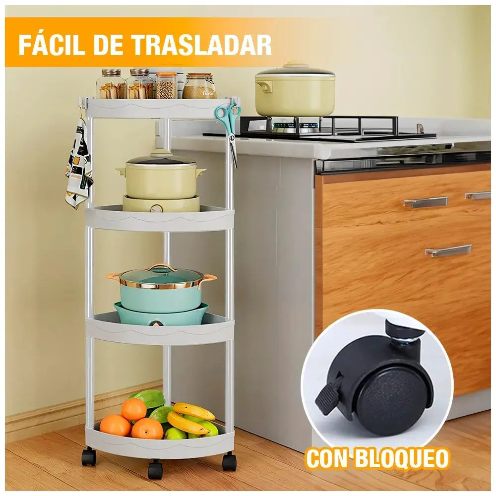 Carrito organizador esquinero de 4 niveles con ruedas y bloqueo, ideal para cocina.