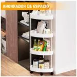 Carrito organizador de 4 niveles con ruedas, ideal para esquineros y ahorrar espacio.
